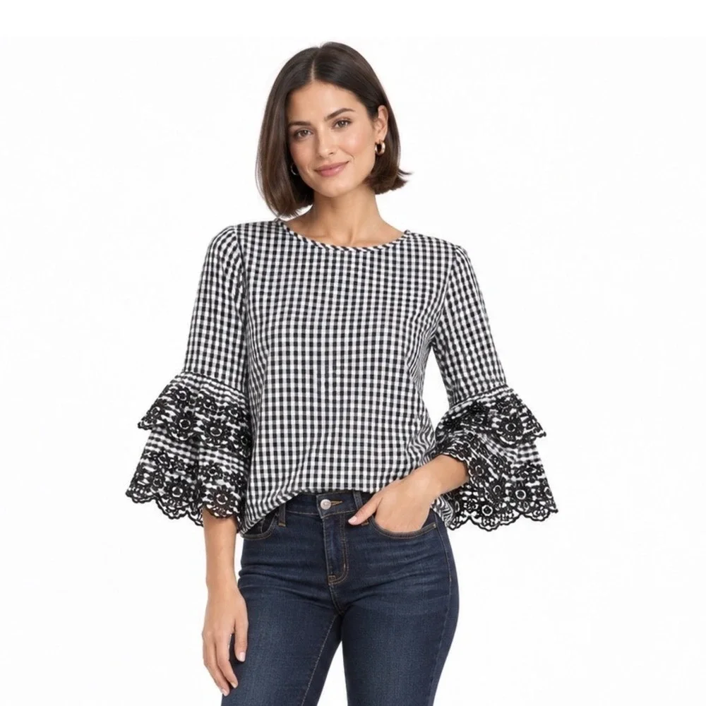 J.Crew Gingham Lace Bell Sleeve Blouse Black White Size 14 Embroidered Check
